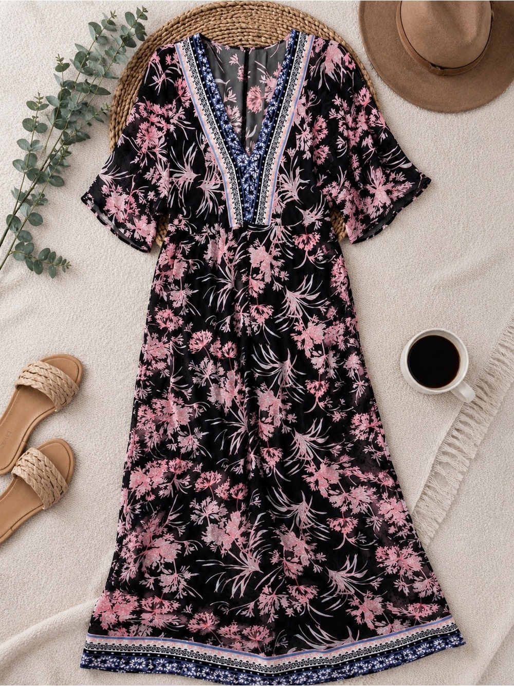 Floral Boho Maxi Dress | Size Medium (Estimated) | Belted | High Slit